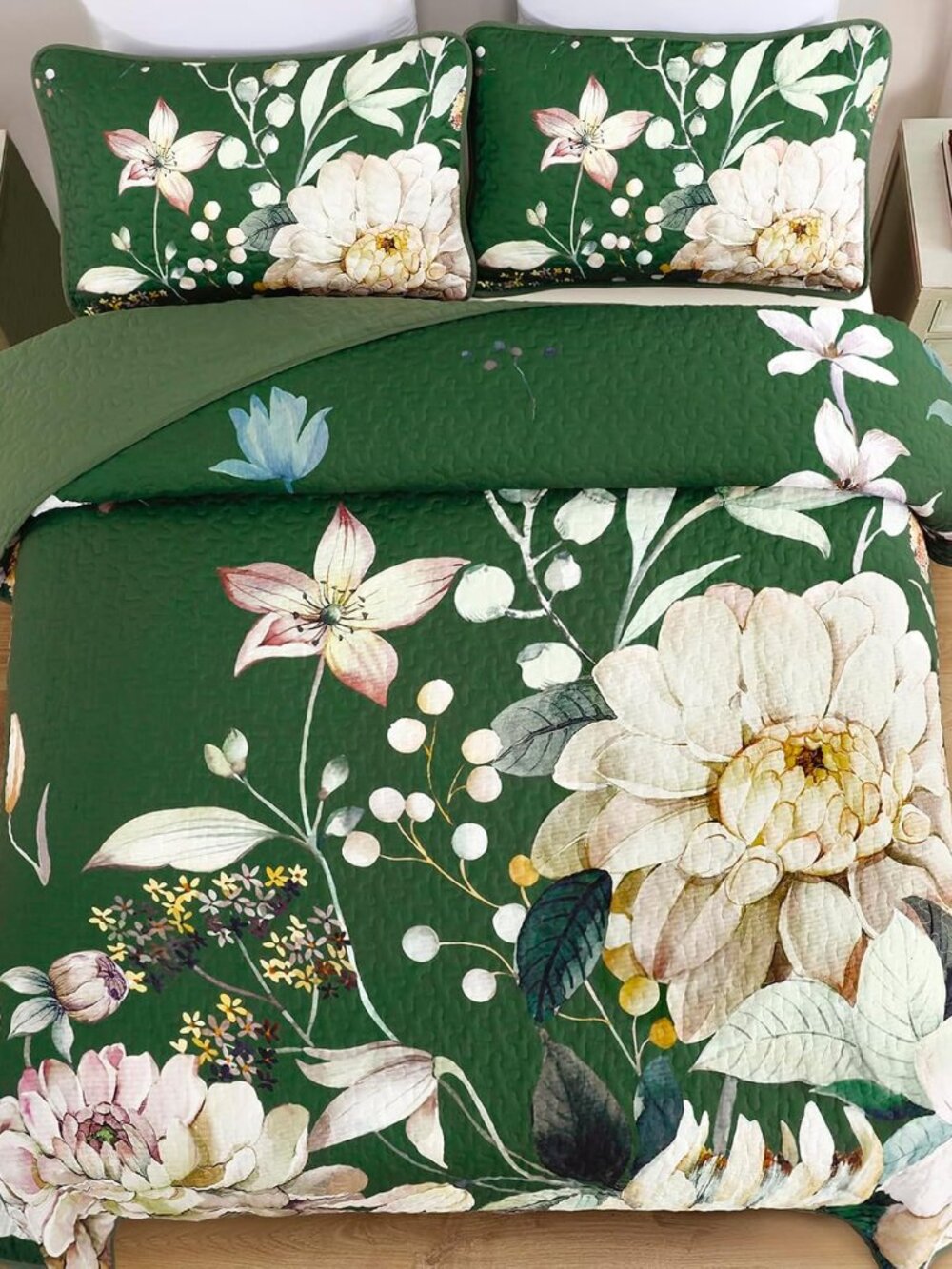 Floral Quilt Queen Size - 3 Pieces Green Quilt Botanical Bedspread | Soft Microf - Picture 2 of 8